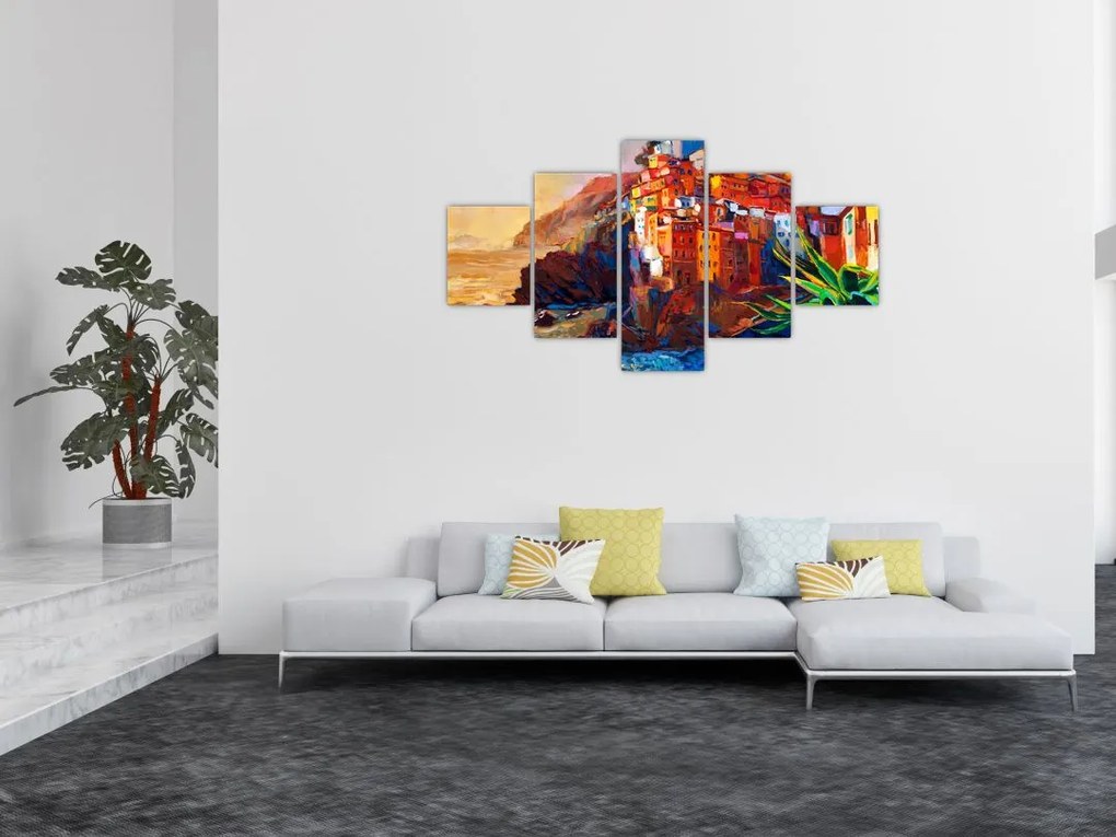 Obraz - Wieś na wybrzeżu Cinque Terre, Włoska Riviera, nowoczesny impresionism (125x70 cm)