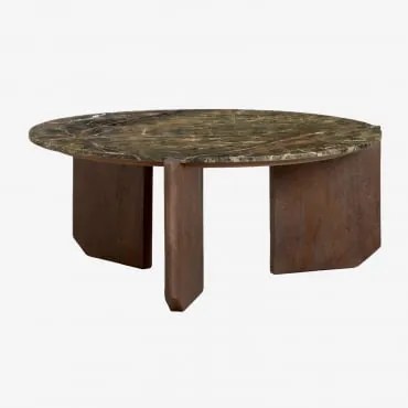 Okrągły Stolik Kawowy Z Naturalnego Kamienia I Drewna Mango Lavinia Zielony Marmur Forest & Ciemny Drewniany Uchwyt & Ø70 Cm - Sklum