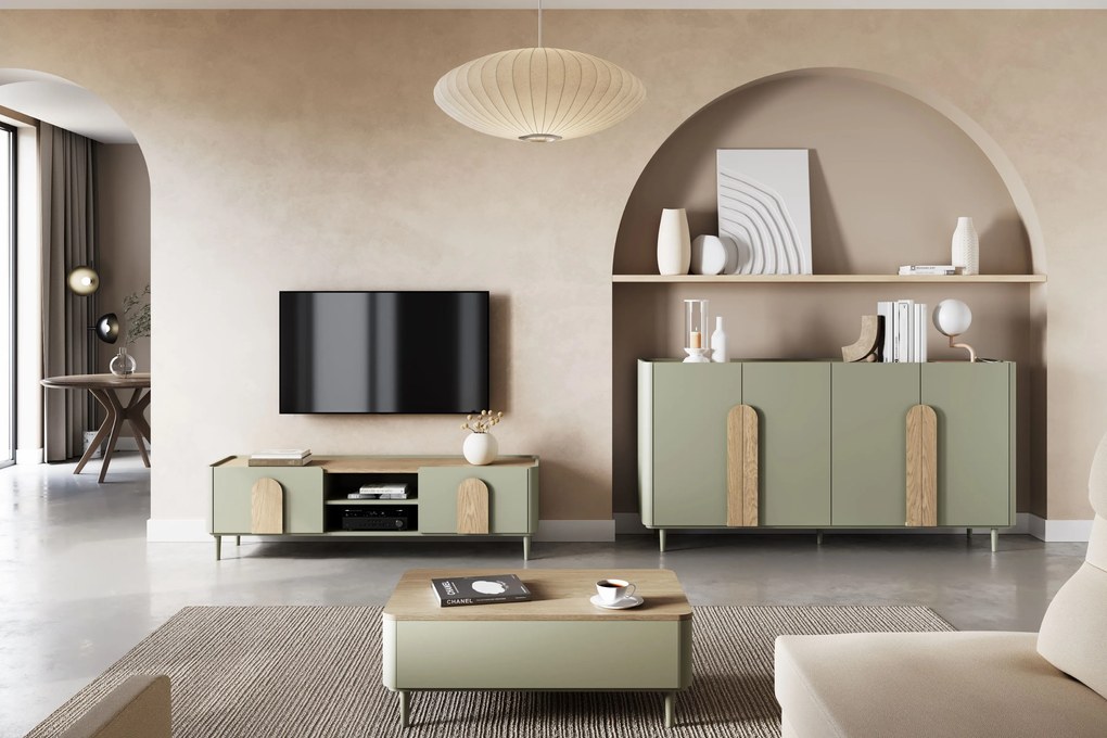 Stolik kawowy Amilio 100 cm z szufladami na nóżkach - eukaliptus / dąb baltic dune