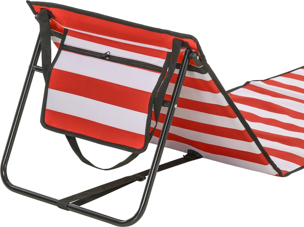 Outsunny Leżak plażowy, składany, regulowane oparcie, kieszeń na boku, miękka poduszka, stalowa rama, Czerwony, 142x51x40cm