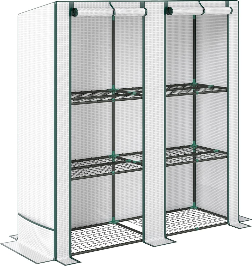 Outsunny Mini szklarnia z 3-poziomową półką, osłona z plastiku, odporna na UV, przenośna, drzwi rolowane, 144 x 48 x 152 cm, Biała