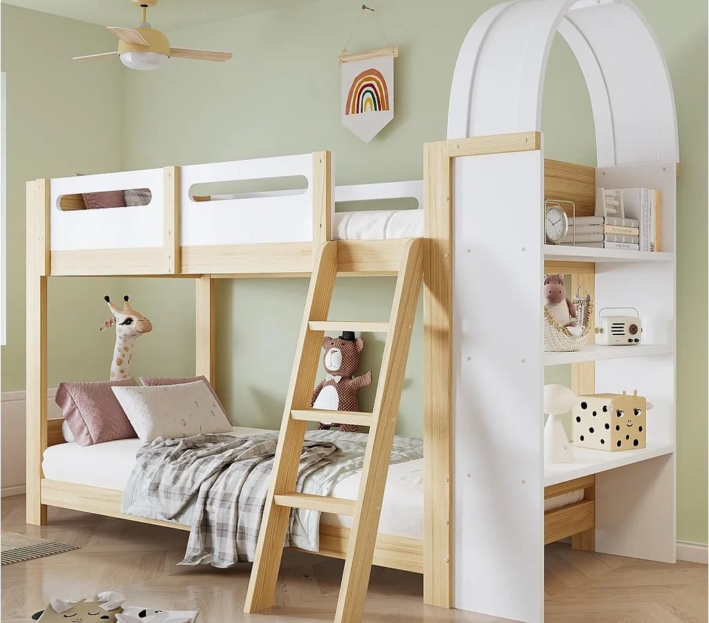 Łóżko piętrowe 90x200cm - z półkami - z barierką i drabinką - Drewno lite + MDF - Biały + Kolor naturalny (bez materaca)