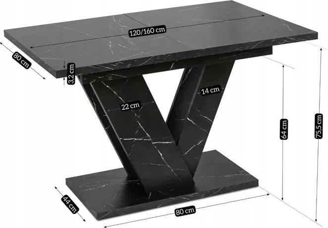 Zestaw Stół Prostokątny Rozkładany CLARK 120-160 cm Czarny Marmur i 4 Krzesła Tapicerowane CORK Czarne Welurowe Loft