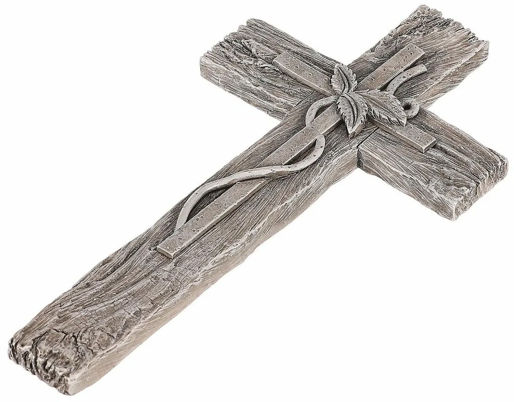 Dekoracja pogrzebowa Krzyż z liśćmi, imitacjadrewna, żywica poliestrowa, 11 x 21 x 2 cm