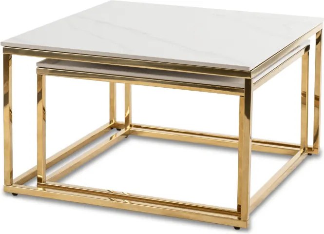 Zestaw Stolików Kawowych TENOR Biały Marmur/Złoty do Salonu Glamour