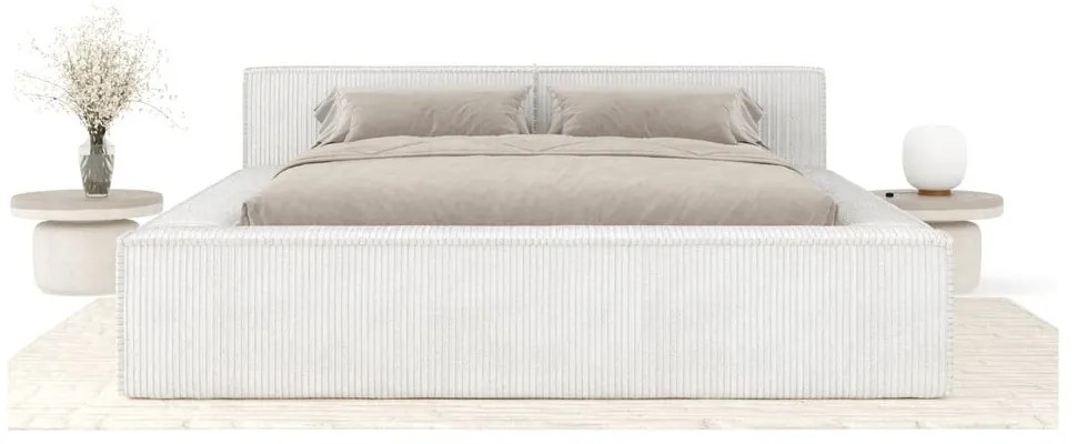 Kremowe tapicerowane łóżko dwuosobowe ze schowkiem ze stelażem 200x200 cm Voliera – Maison de Rêve