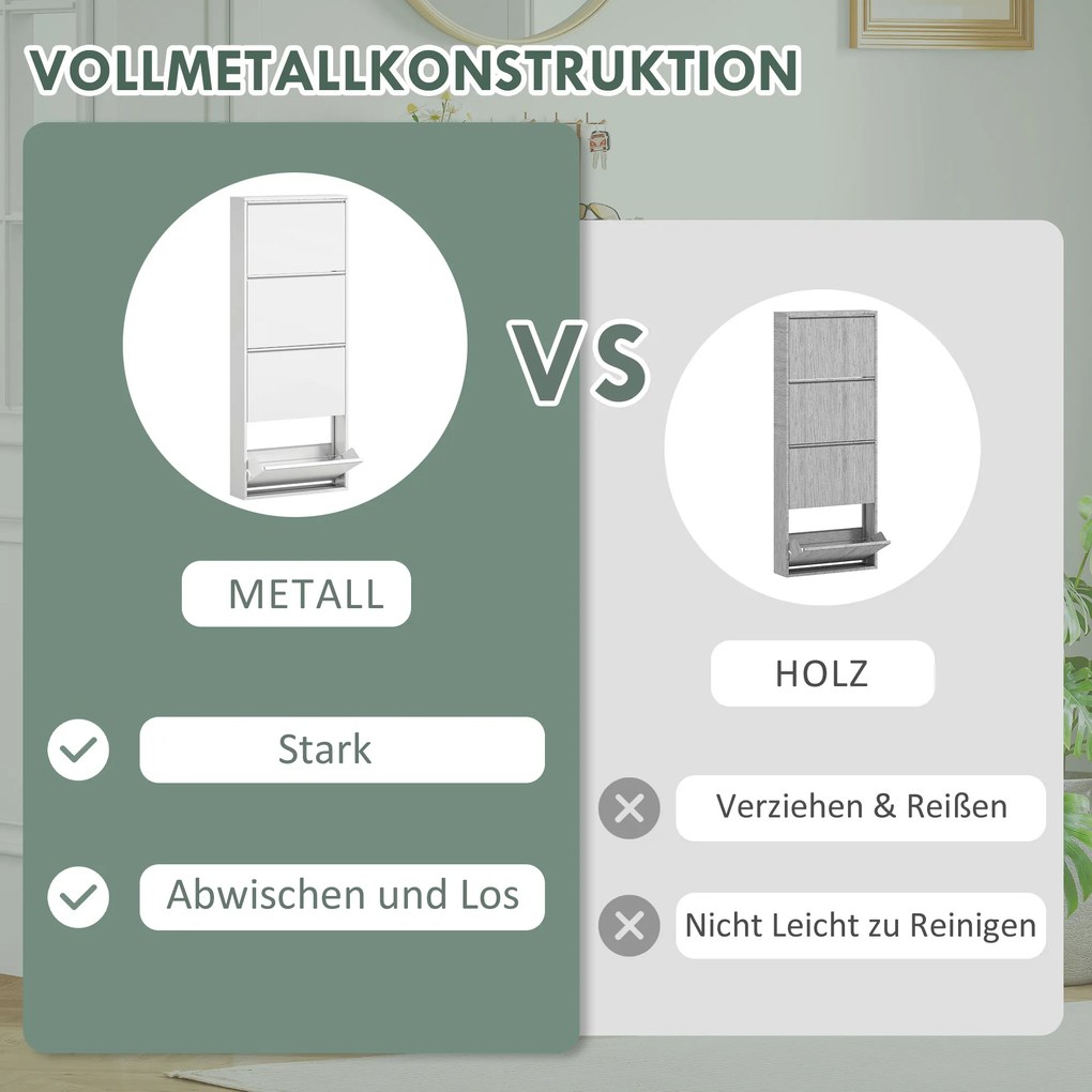 HOMCOM Wąska Biała Szafka na Buty Metalowa do 8 Par Butów z 4 Składanymi Szufladami, dla Przedpokoju, Biała
