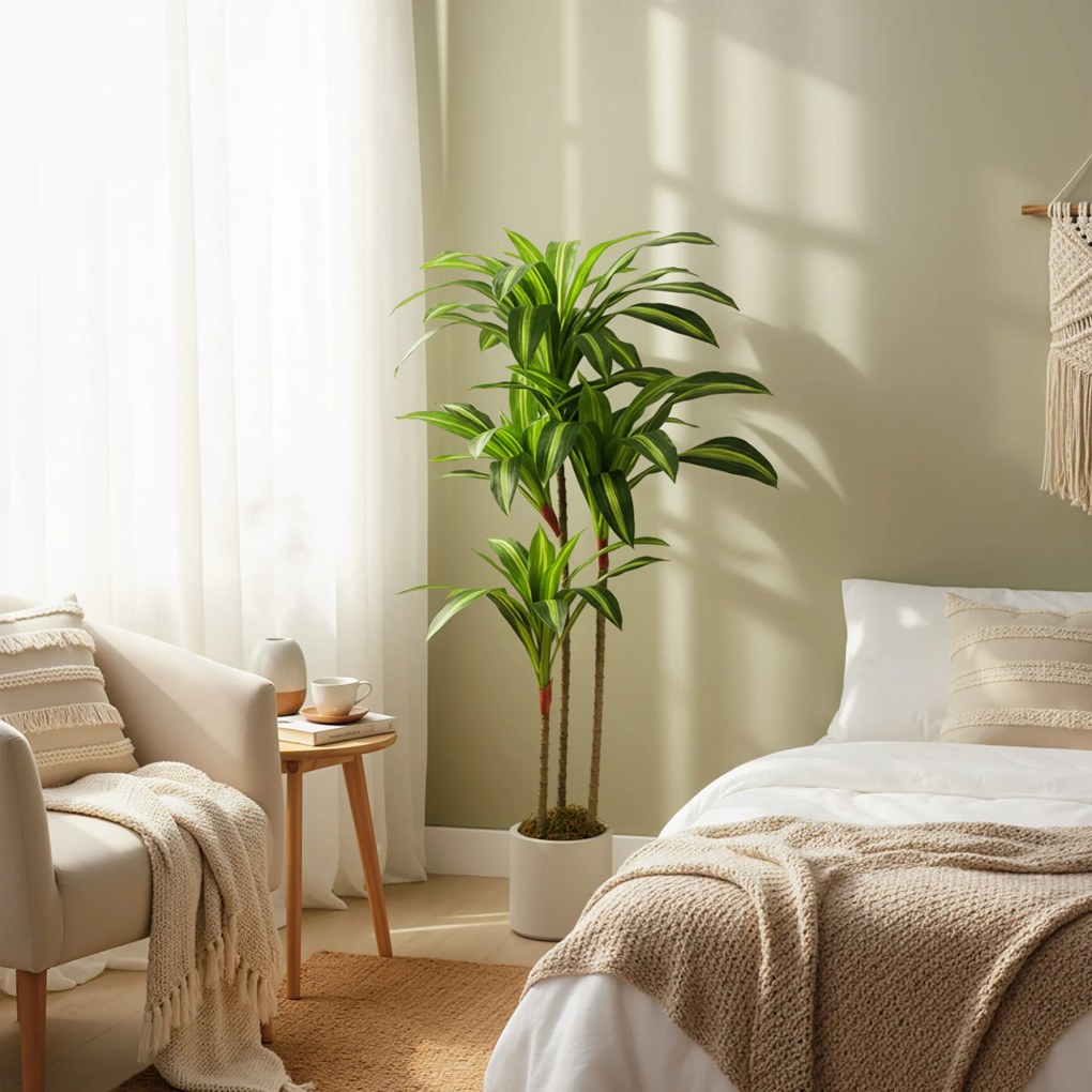 HOMCOM Sztuczne drzewo dracena 120 cm z giętkimi pniami i białą donicą do salonu sypialni biura | Aosom PL