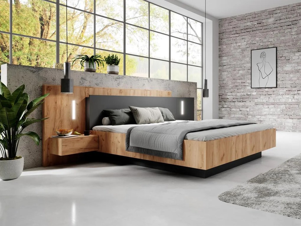 Łóżko z szafkami nocnymi 160 x 200 cm - 2 szuflady - Z oświetleniem LED - Kolory: naturalny i antracytowy + Stelaż + Materac - FRANCOLI