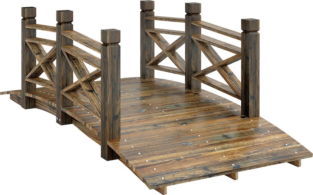 Outsunny Drewniany Mostek z Balustradami, Ogrodowy Mostek z Drewna Jodłowego, Dekoracyjny Rustykalny Mostek, 174 x 78 x 57,5 cm, Spalony | Aosom PL