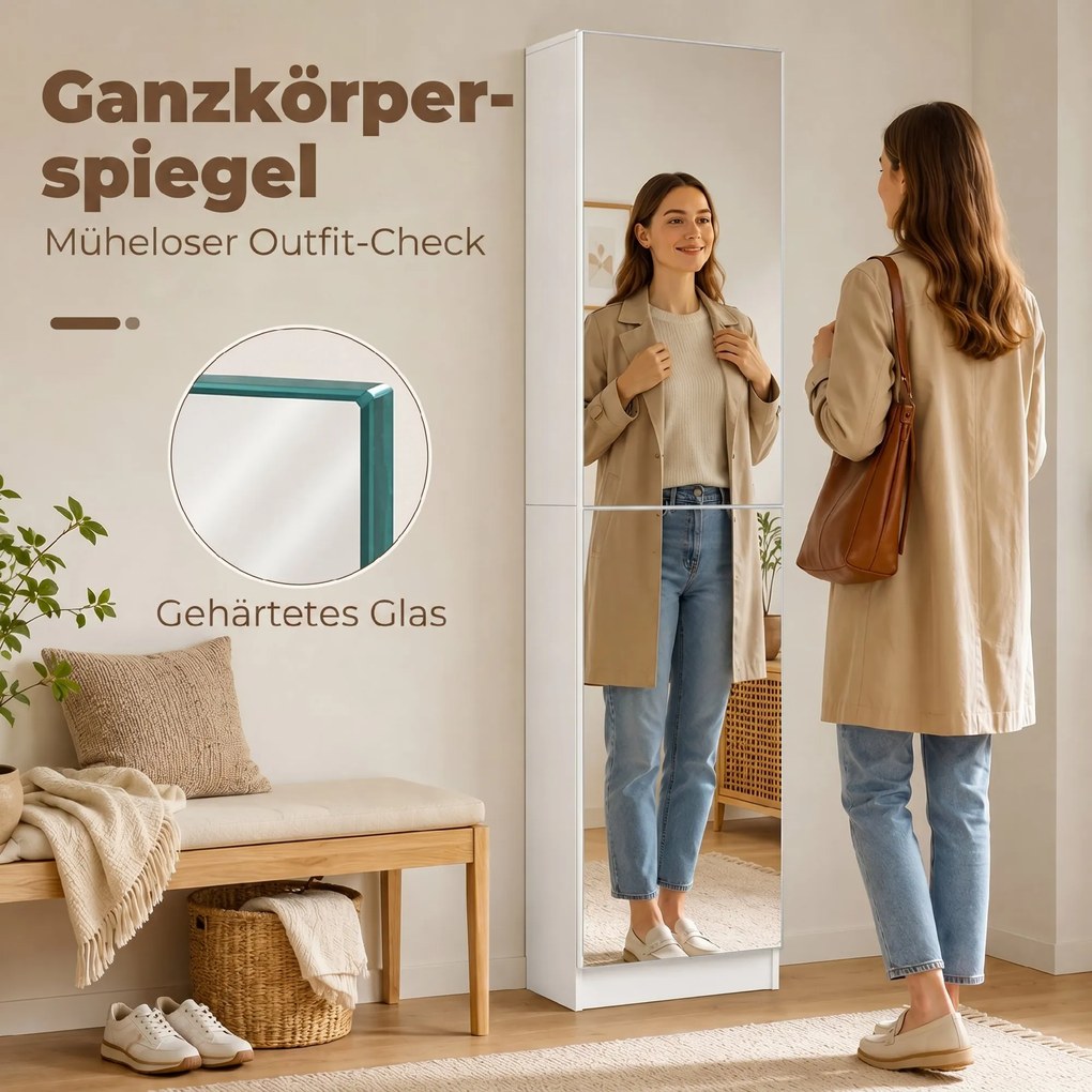 HOMCOM Szafka na buty z lustrem, 5-stopniowa wąska komoda z drzwiami z cichym domykaniem, na 12 par, 50 x 20 x 180 cm, Biały | Aosom PL