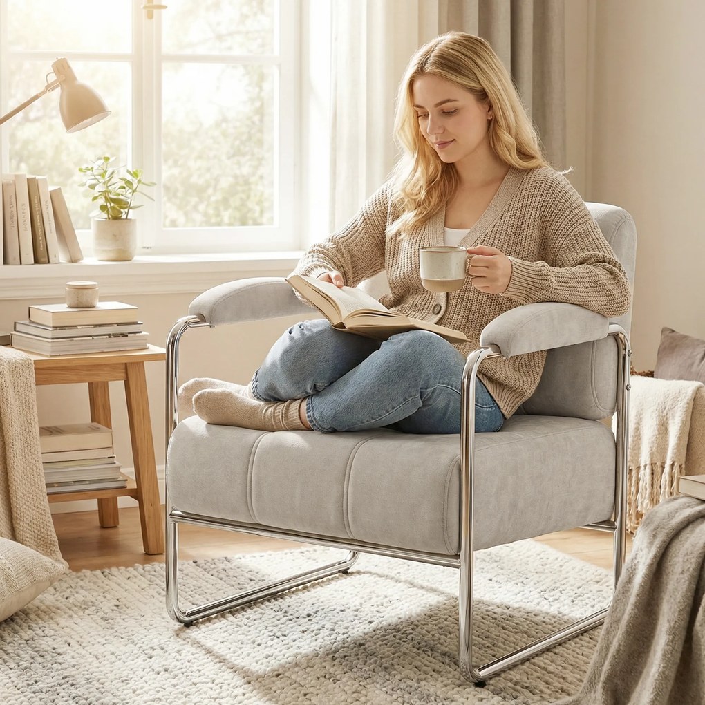 HOMCOM Nowoczesny fotel, akcentowy fotel z szerokim siedziskiem i grubą wyściółką, tapicerowany fotel w stylu chenille do salonu, beżowy | Aosom PL