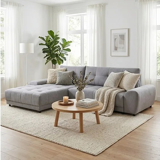 Narożnik lewostronny NAMPA 281x189 cm rozkładany z funkcją spania, w tkaninie SORO 93 szarej