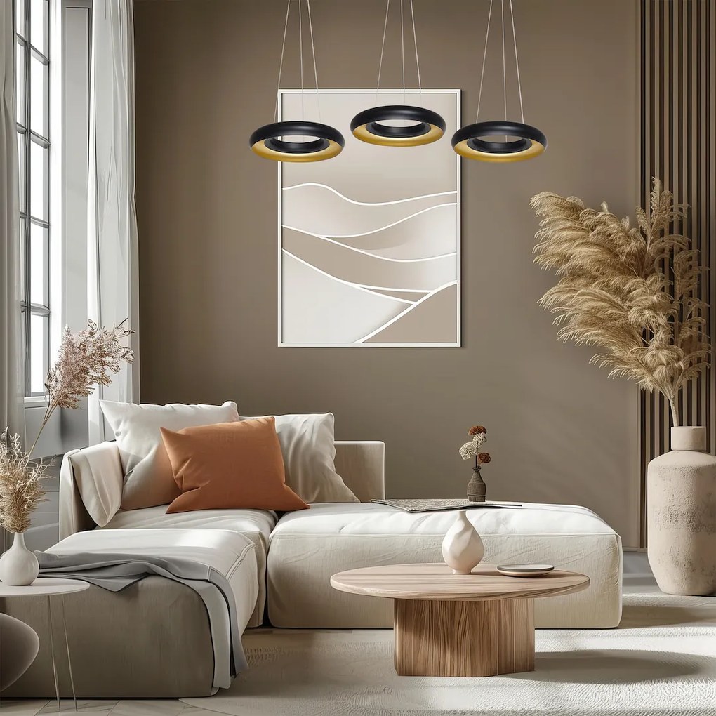 LAMPA WISZĄCA Potrójna czarna-złota RONDO NERO 36W LED