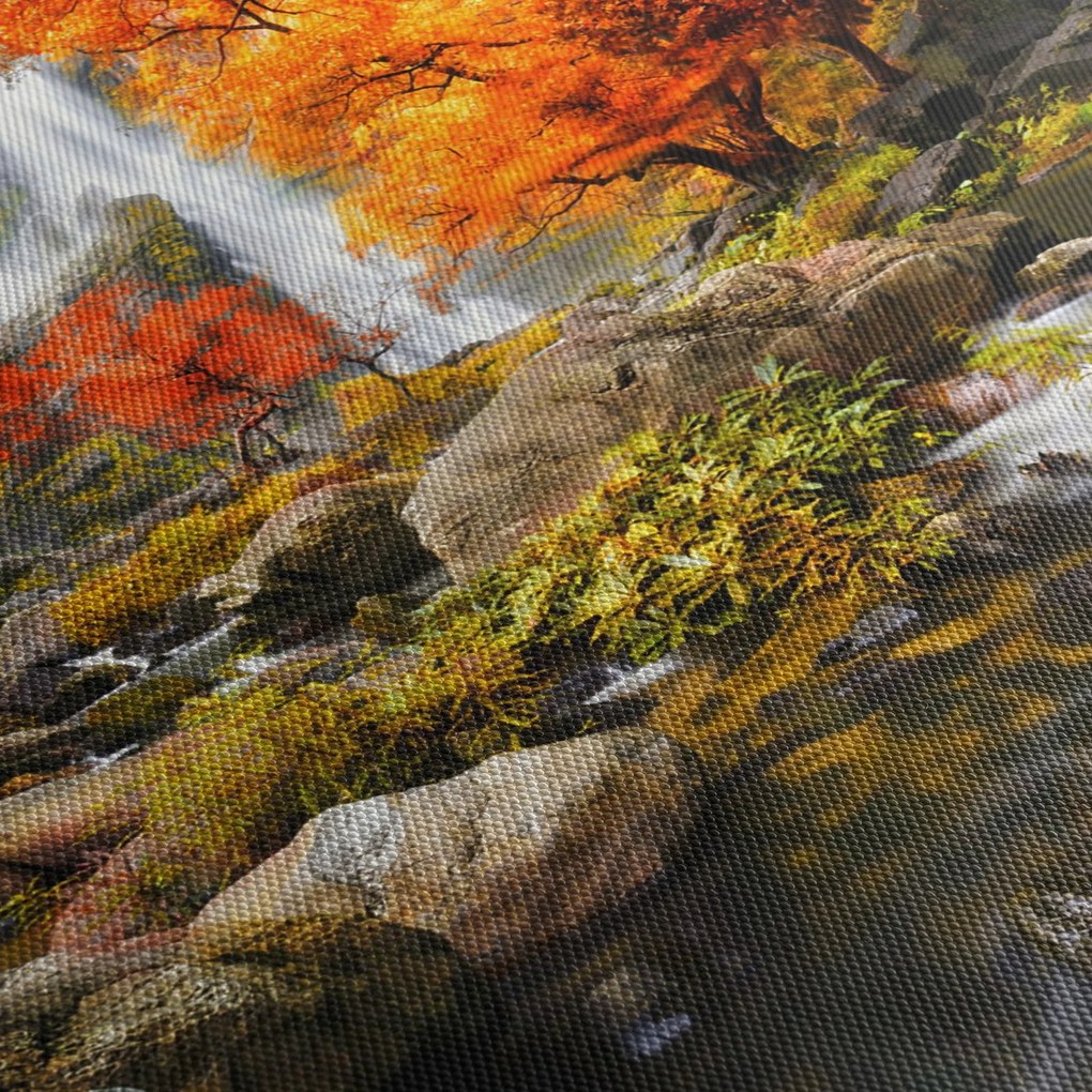 Obraz - Wodospady w jesiennym krajobrazie, pomarańczowy (z zegarem) (90x30 cm)