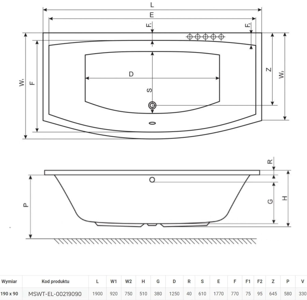 Wanna prostokątna długa 190 x 90 cm biała do zabudowy ELEGA LONG