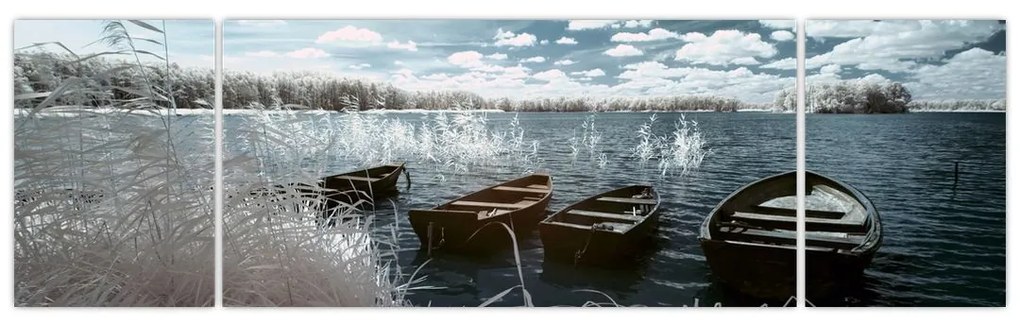 Obraz - Drewniane łodzie na jeziorze (170x50 cm)