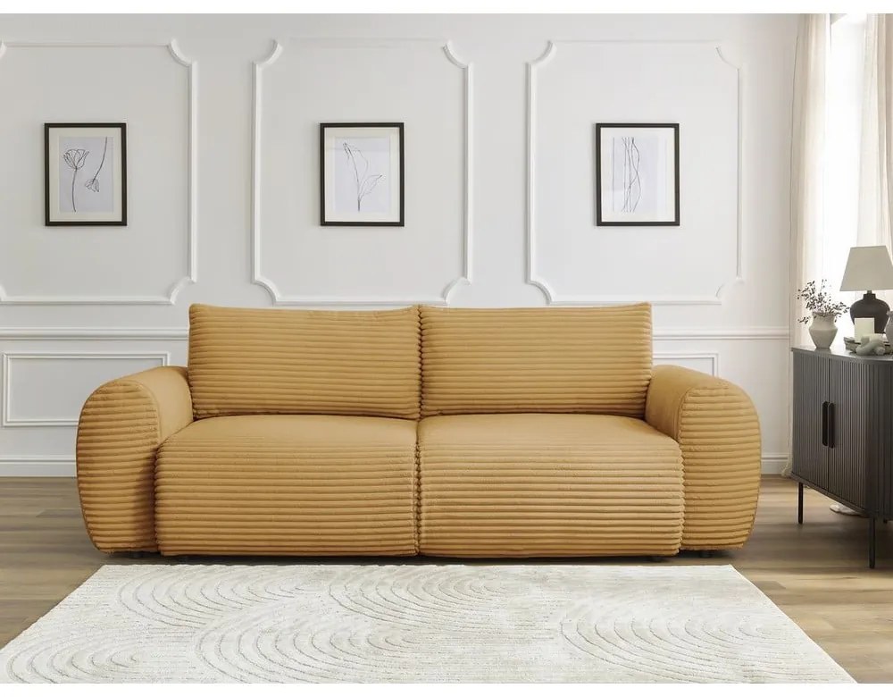 Musztardowa sztruksowa rozkładana sofa 257 cm Lucien – Bobochic Paris