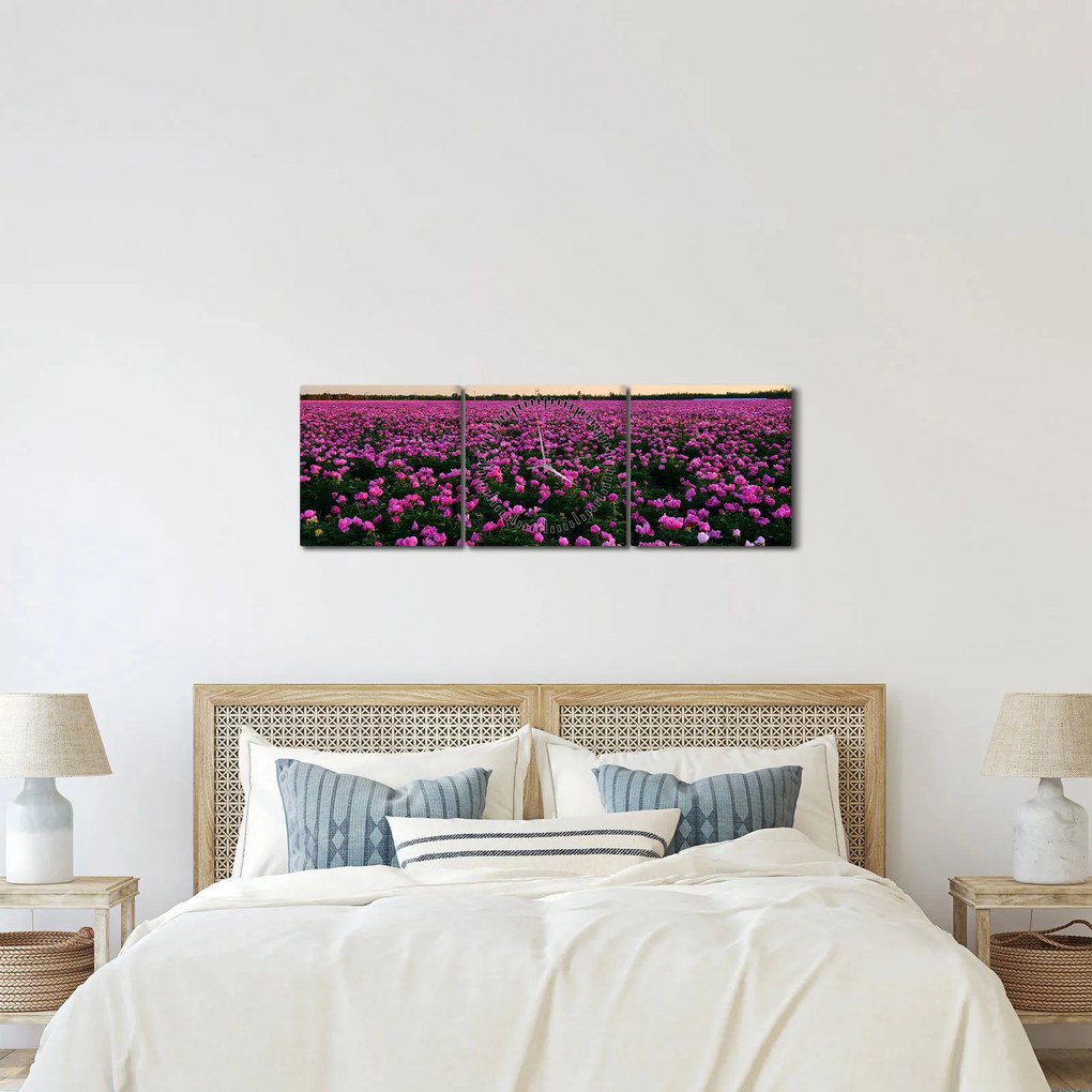 Obraz - Łąka fioletowych tulipanów (z zegarem) (90x30 cm)