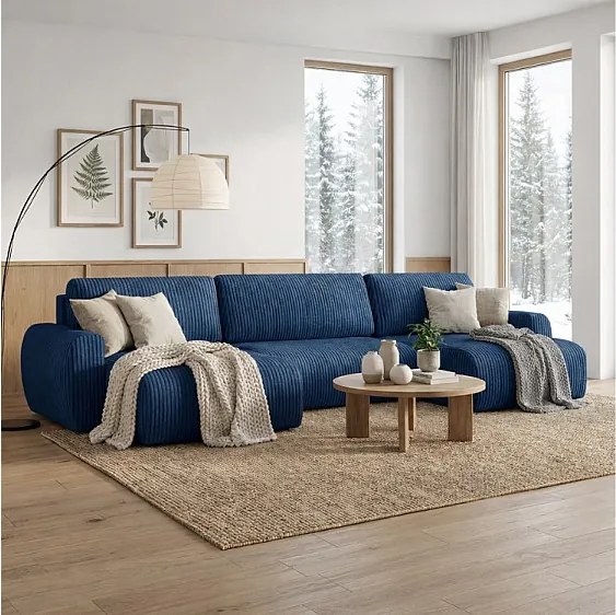 Stylowy narożnik rozkładany  ARIEL U 387x150x87 cm w tkaninie Velo 88 granatowej