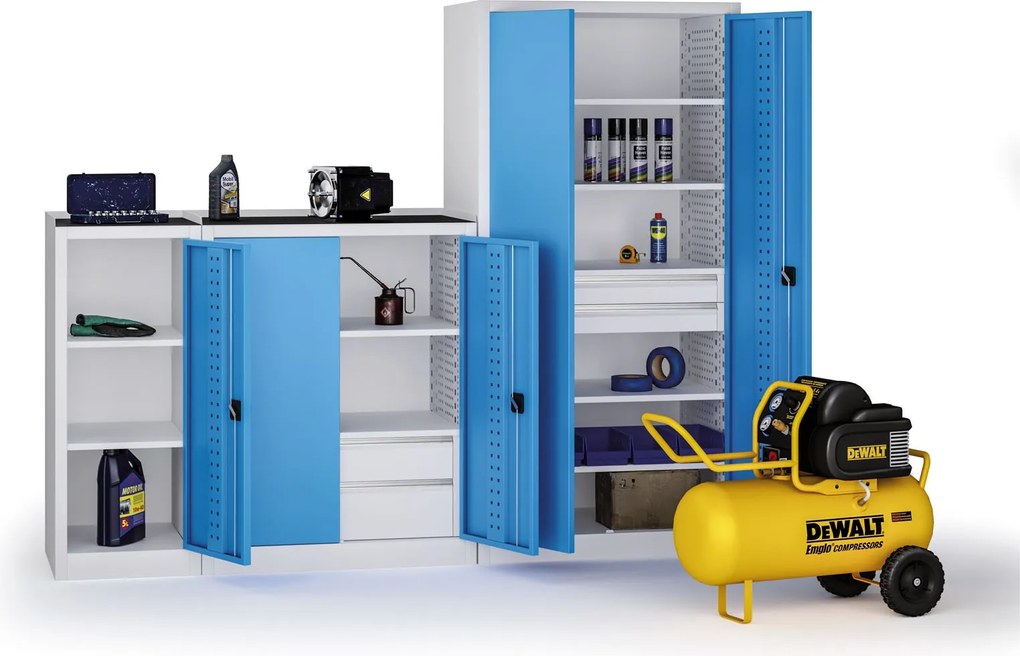 Szafa warsztatowa na narzędzia KOVOS, perforowana, 4 półki, 2 szuflady, 950 x 600 x 1950 mm, niebieski