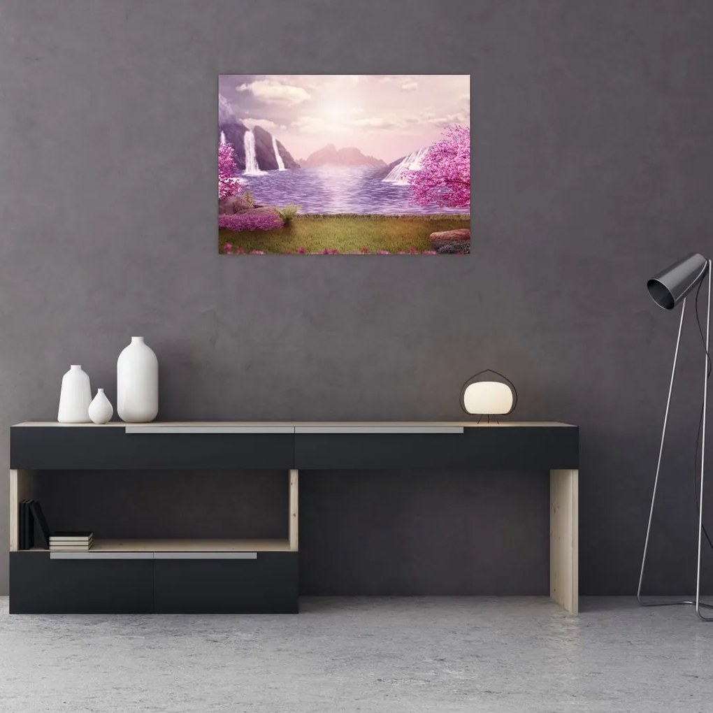 Obraz na szkle - różowe drzewa z jeziorem (70x50 cm)