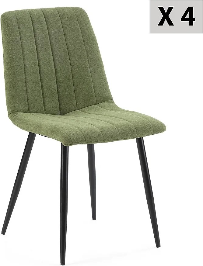 Zestaw 4 krzeseł Sagi pokrytych zieloną tkaniną.