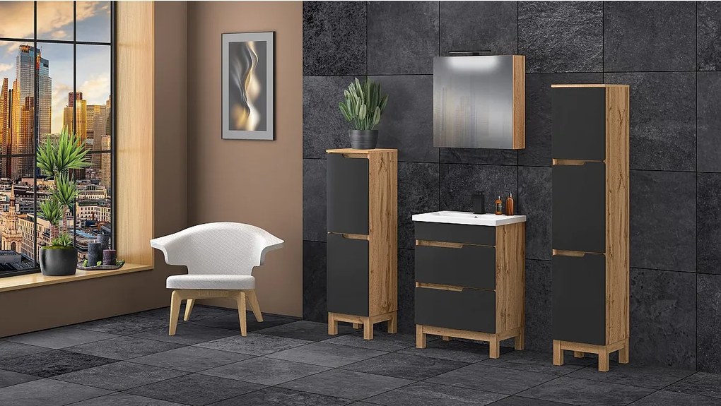Zestaw Łazienkowy 60cm 2S Alma Słupki Szafka z Lustrem Dąb Wotan / Czarny Mat