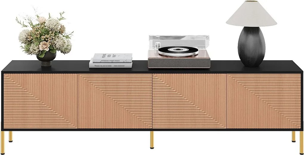 Nowoczesna szafka pod telewizor - 179 x 35 x 53,5 cm - unikatowy design - z 4 drzwiami - płyta wiórowa - kolor czarny + naturalny