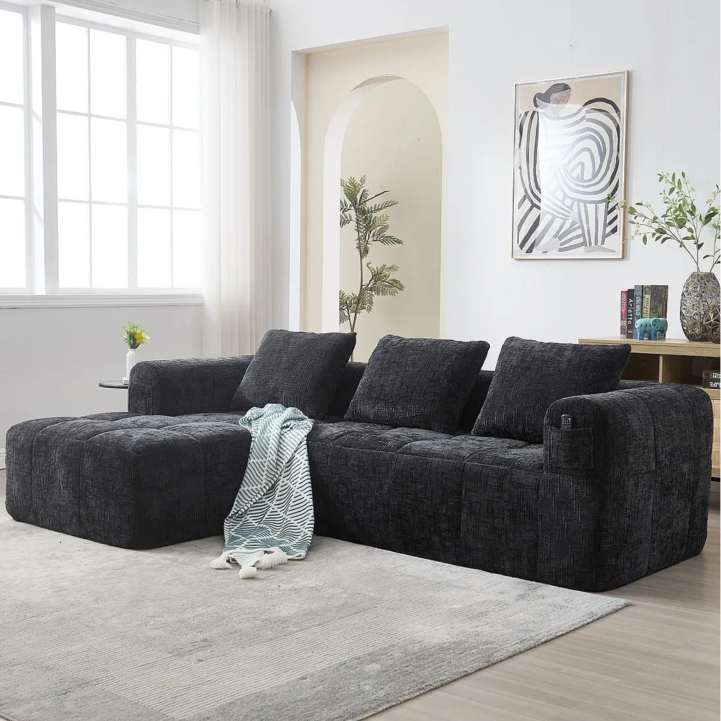 czarny Sofa narożna - z kieszeniami i 3 poduszkami - Chenille - z szezlongiem i podłokietnikami