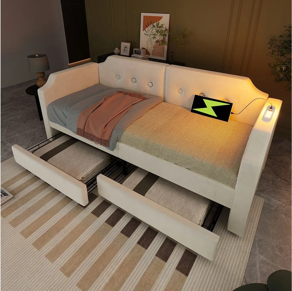 Łóżko dziecięce 90x200 cm - z 2 szufladami, USB typu C, stelaż - aksamit Beż - bez materaca