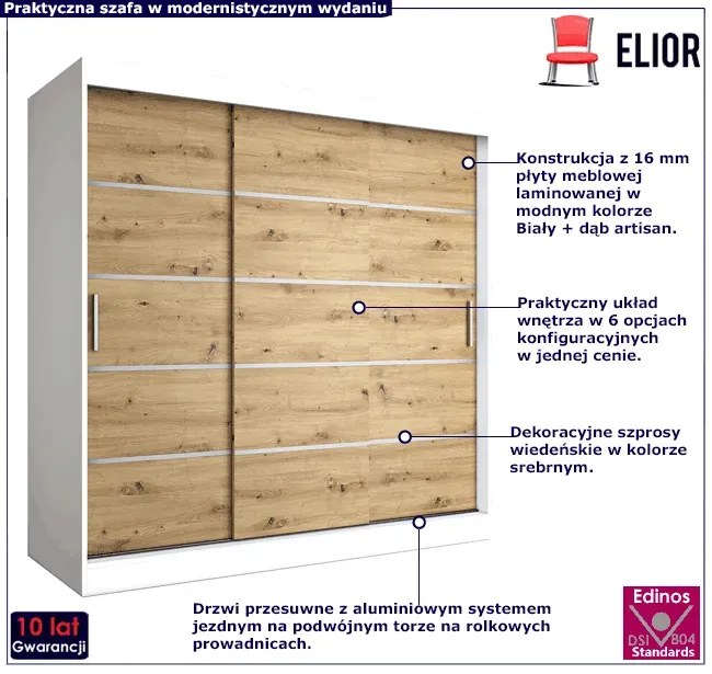 Szafa przesuwna biały + dąb artisan 200 cm - Bohosa 6X
