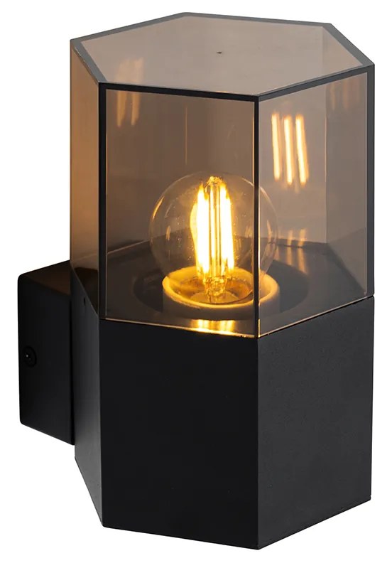 Zewnetrzna Lampa ścienna zewnętrzna czarna z przydymionym szkłem sześciokątna IP44 - Denmark Nowoczesny Oswietlenie zewnetrzne