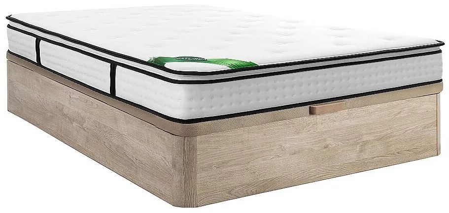 Zestaw 160 x 200 cm  łóżko ze skrzynią jasny naturalny + materac z 7 strefowymi sprężynami kieszeniowymi zintegrowany nakładka i pokrowiec bambusowy gr.23cm - TAREVO od NATUREA
