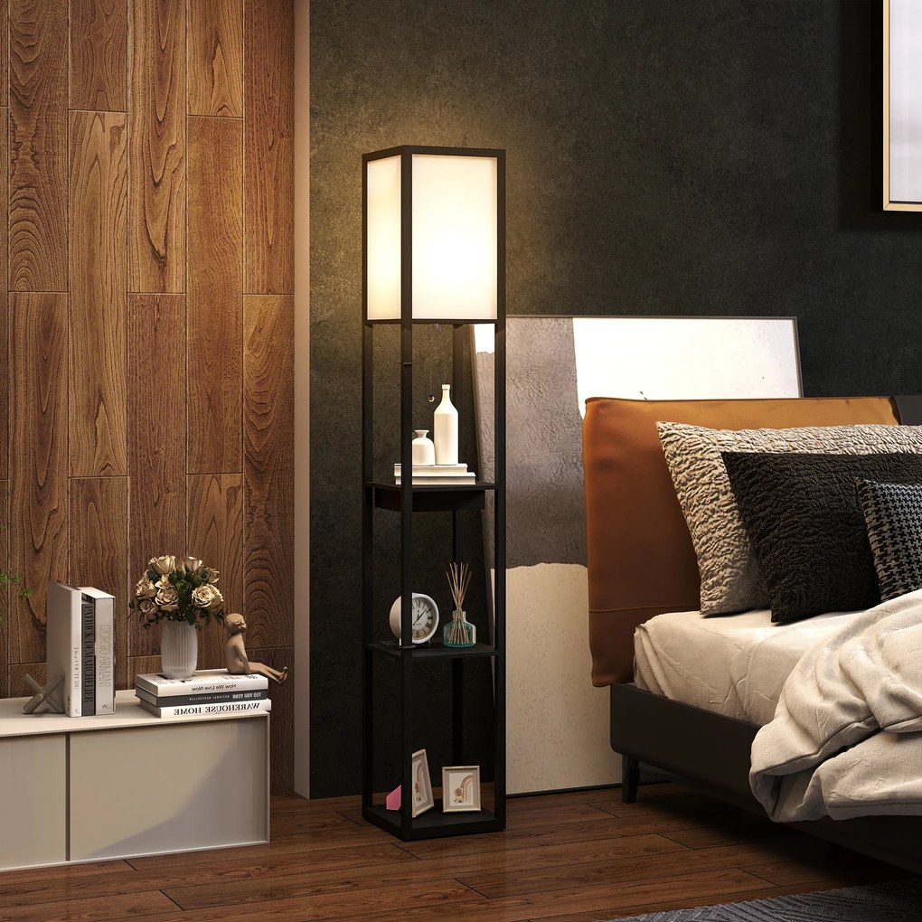 HOMCOM Lampa Stojąca z 3-Poziomową Półką, Przełącznikiem Nożnym, Portami USB, MDF, Czarny