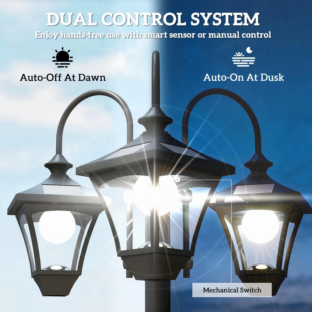 Outsunny Lampa solarna z donicą 185 cm regulowana wysokość lampa ogrodowa z 3 kloszami sterowanie światłem | Aosom PL