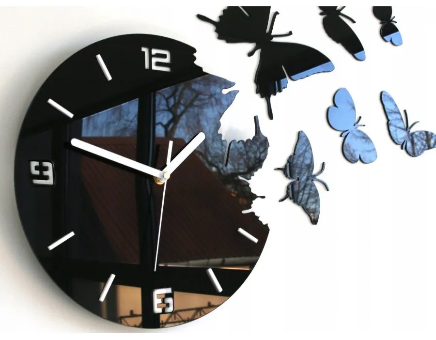 Zegar ścienny nowoczesny do salonu lub sypialni akrylowy czarny z motylami