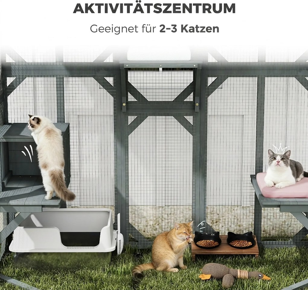 PawHut Wybieg dla kota na zewnątrz z wejściem drewniany domek dla kota z 4 platformami wodoodporny dach Oxford 2-3 koty do 8 kg | Aosom PL