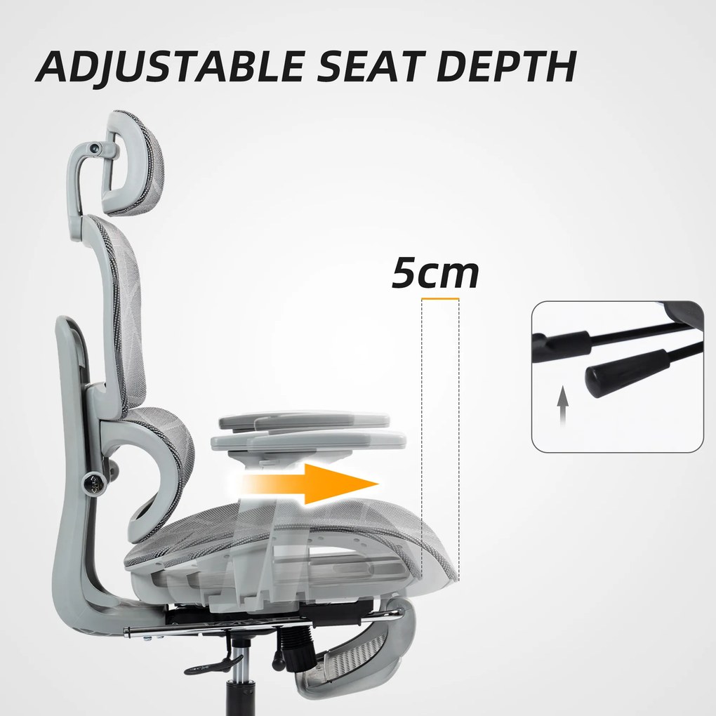 HOMCOM Krzesło biurowe, Ergonomiczne krzesło do biurka z tapicerką z siatki, regulowane, na kółkach, z podłokietnikami, zagłówkiem, Szary