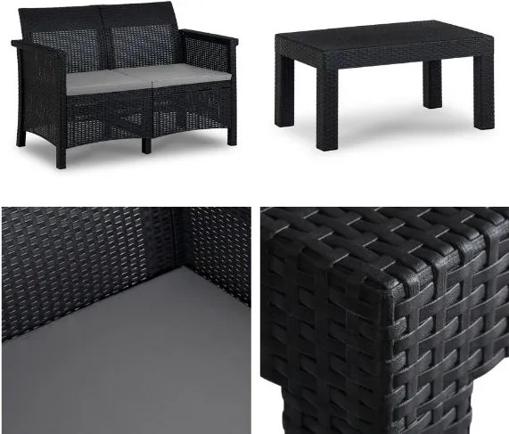 Zestaw mebli ogrodowych Selvo 089 - sofa 2-osobowa, 2 fotele i stolik kawowy, czarny/szary