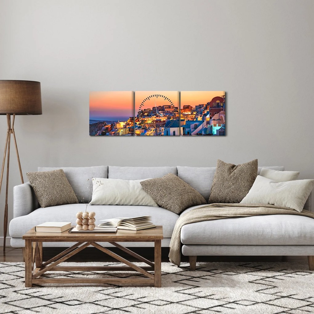 Obraz - Santorini o zmierzchu (z zegarem) (90x30 cm)