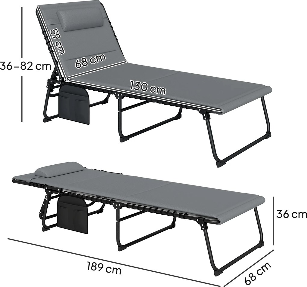 Outsunny 2‑częściowy zestaw leżaków składanych z zagłówkiem, 5‑stopniowo regulowanym oparciem, kieszenią boczną, ciemnoszary | Aosom PL