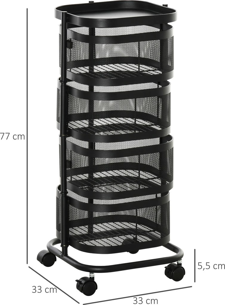 HOMCOM Wózek kuchenny z 4 poziomami, kosze z siatki, górna półka, obrotowe kółka, czarny | Aosom PL