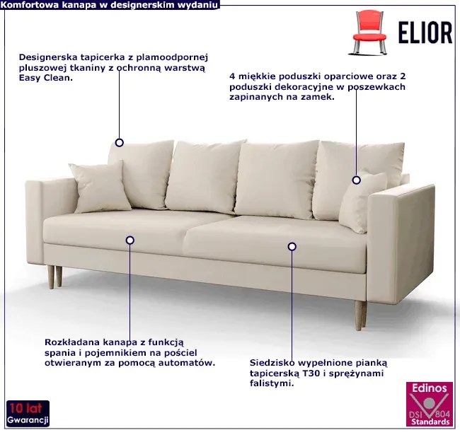 Kremowa sofa rozkładana na nóżkach - Adante