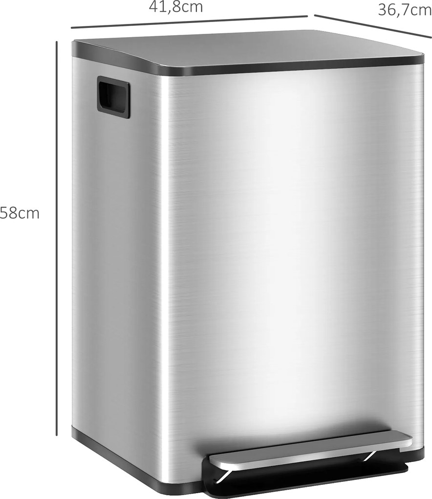 HOMCOM Kosz na śmieci z 2x30 l komorami, pokrywą Soft-Close, stal nierdzewna, srebrny | Aosom PL
