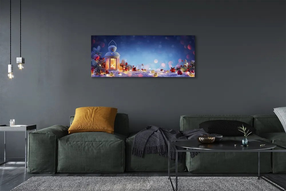 Obraz na płótnie Lampion, Śnieg, Gałązki i Bombki