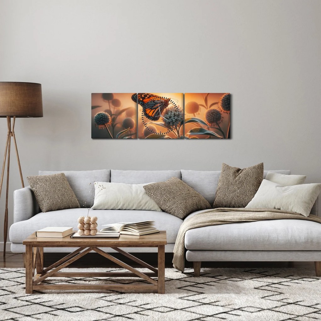 Obraz – Motyl w zachodzącym słońcu (z zegarem) (90x30 cm)