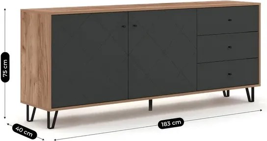 Komoda Dwudrzwiowa z Szufladami BACARDI 183 cm Dąb Craft Tobacco/Grafit Loft