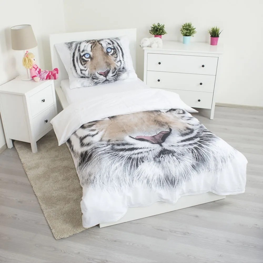 Biała/szara bawełniana pościel dziecięca jednoosobowa 140x200 cm White Tiger – Jerry Fabrics