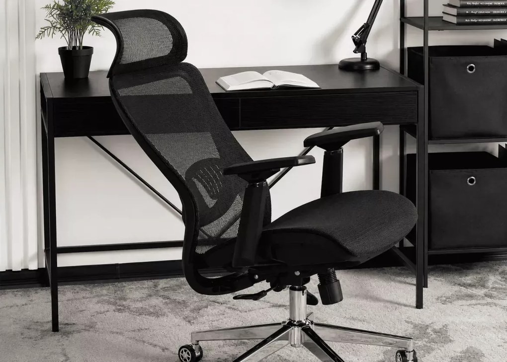 Fotel obrotowy Valles – ergonomiczny czarny fotel biurowy z regulowanym zagłówkiem